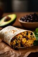 herzhaft Frühstück Burrito mit durcheinander Eier, Gemüse, und Bohnen ai generiert foto