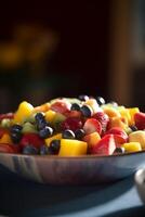 bunt Obst Salat im ein Schüssel mit gemischt Beeren, Kiwi, und Mango ai generiert foto