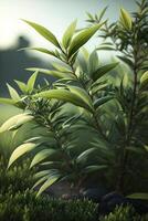 üppig Grün Tee Plantagen inmitten das heiter Schönheit von Natur ai generiert foto