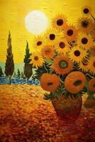 Felder von Sonnenblumen Fett gedruckt und abstrakt Darstellung von ein beschwingt Landschaft ai generiert foto