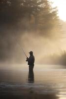 Angeln beim Dämmerung Angler im das neblig See mit Angeln Stange ai generiert foto