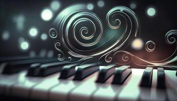 Musical Wirbel ein abstrakt Komposition von Klavier Schlüssel Darstellen Klang Wellen ai generiert foto