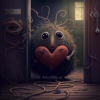 Illustration von ein einsam wenig Wurzel Monster- mit ein glühend Herz allein im ein Zimmer ai generiert foto