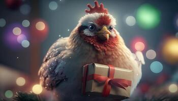gefiedert Santa ein Hähnchen mit ein Weihnachten Geschenk ai generiert foto