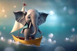 abenteuerlich wenig Elefant auf ein klein Segelboot ai generiert foto