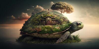 Märchen Schildkröte mit Haus auf das Schale ai generiert Illustration foto