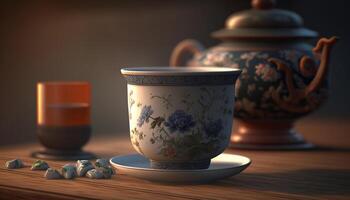 traditionell Chinesisch Tee Tasse Rahmen mit dekorativ Elemente ai generiert foto