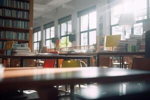ruhig Oase ein leeren hoch Schule Bibliothek gebadet im Licht ai generiert foto