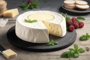 hingeben im das cremig Freuden von Camembert Käse von Normandie ai generiert foto