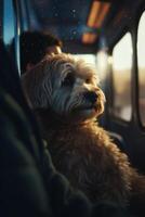 geduldig Hündchen auf Öffentlichkeit Transit ein Hund auf seine Eigentümer Runde im ein beschäftigt Straßenbahn ai generiert foto