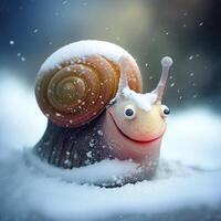 ein komisch glücklich Weihnachten Schnecke im das Schnee ai generiert foto