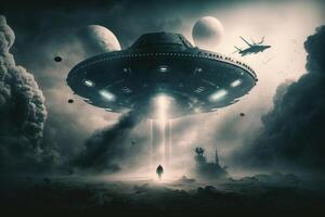 UFO ein Außerirdischer Untertasse schweben über das Feld im das Wolken ai generiert foto