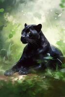 im das Dschungel, das mächtig Panther ruht unter das Grün ein aquarelle Gemälde ai generiert foto