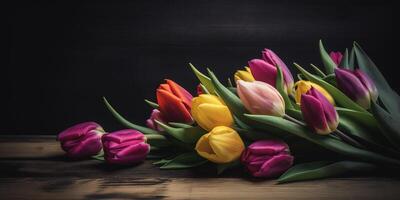 beschwingt Tulpen gegen dunkel hölzern Hintergrund ai generiert foto
