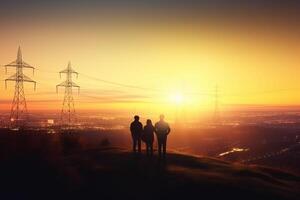 ein Gruppe von Menschen Aufpassen ein Stadt beim Sonnenuntergang mit Leistung Linien im das Hintergrund - - Energie Konzept, Leistung liefern ai generiert foto