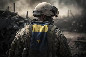 Ukraine Soldat im Uniform von hinter im Kriegsgebiet ai generiert foto