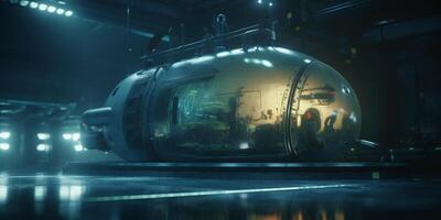 futuristisch U-Boot im unter Wasser Halle mit Blau Licht Auswirkungen ai generiert foto