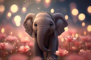 rosig Freude ein süß wenig Elefant im ein Feld von Blühen Rosen ai generiert foto