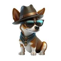 das cool Eckzahn ein komisch wenig Hund mit Hut und Sonnenbrille ai generiert foto