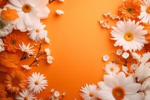 Blüten im Orange Weiß und Orange Blumen auf ein Orange Hintergrund ai generiert foto