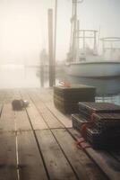 neblig Morgen auf das Seebrücke Angeln Ausrüstung und Boote ai generiert foto