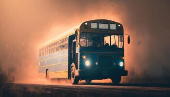 Reiten in das Nacht 80er Jahre Schule Bus auf ein staubig Neon- Straße ai generiert foto
