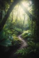 wandern durch das üppig Regenwald ein Pfad weniger gereist ai generiert foto