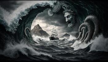 navigieren das gefährlich Wasser Odysseus tapfer scylla und Charybdis ai generiert foto