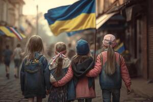 marschieren zum Freiheit Kinder Tragen ukrainisch Flaggen durch das Straßen wie ein Symbol von Freiheit ai generiert foto