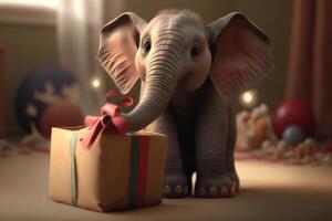 wenig süß Elefant halten ein Weihnachten Geschenk mit froh Ausdruck ai generiert foto