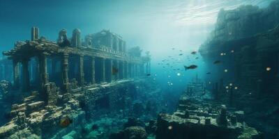 das mystisch versunken Stadt ein halb untergetaucht Aussicht von atlantis im Kristall Blau Wasser ai generiert foto