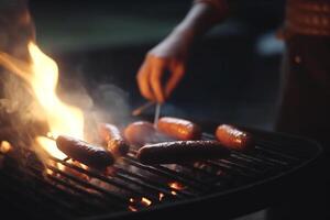 brutzelnd heiß Nahansicht von öffnen Flamme Grill beim Camping Seite? ˅ ai generiert foto