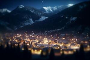 Nacht Aussicht von ein Stadt eingebettet im ein Senke inmitten das Berge ai generiert foto