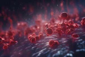 ein Nahansicht Aussicht von das Klumpen von rot Blut Zellen unter ein Mikroskop ai generiert foto