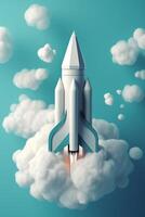 Weiß Rakete Modell- fliegend durch wolkig Blau Himmel wie ein Symbol von Anfang Erfolg und Innovation ai generiert foto