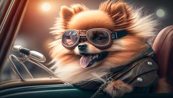 Reiten Schrotflinte bezaubernd pommerschen Hund mit Flieger Brille auf ein Motorrad Beiwagen ai generiert foto