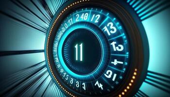 Chronometer von das Zukunft Außerirdischer Symbole auf Digital Anzeige von Zeit Kapsel während Zeit Reise ai generiert foto