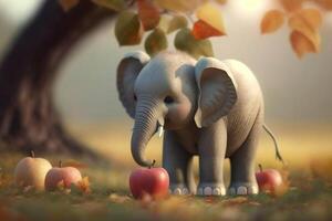 bezaubernd wenig Elefant unter ein Apfel Baum mit ein Apfel ai generiert foto