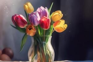 Vase von Tulpen ein Aquarell immer noch Leben Gemälde ai generiert foto