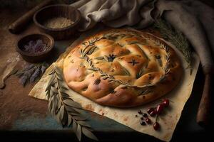 ein Scheibe von Provence aromatisch Fougasse Brot mit Olive Öl und Kräuter ai generiert foto