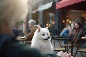 geduldig Hündchen ein Hund warten zum seine Inhaber im das Stadt Cafés öffnen Luft Sektion ai generiert foto