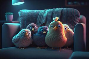 Grusel Film Nacht komisch Hühner Aufpassen ein unheimlich Film auf das Couch ai generiert foto