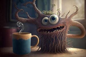 Illustration von ein einsam wenig Wurzel Monster- mit ein Tasse von Kaffee allein im ein Zimmer ai generiert foto