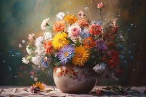 beschwingt Blumen- Anordnung im ein bunt Vase ai generiert foto