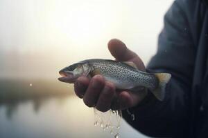 Morgen Fang stolz Angler halten frisch Fisch im das neblig Nebel ai generiert foto