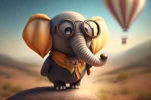 Abenteuer mit Spezifikationen ein spielerisch Elefant und ein heiß Luft Ballon Reiten ai generiert foto