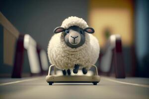 bezaubernd wenig Schaf ausüben auf Laufband beim das Fitnessstudio ai generiert foto