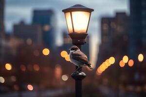 städtisch Tierwelt majestätisch Vogel auf ein Stadt Lampe Post beim Dämmerung ai generiert foto