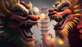großartig Chinesisch Drachen und Löwe tanzen mit erschreckend zahlen ai generiert foto
