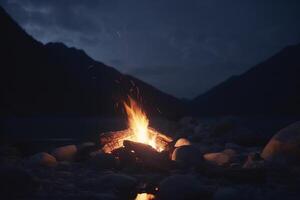 gemütlich Lagerfeuer im das Herz von das Berg Wildnis ai generiert foto